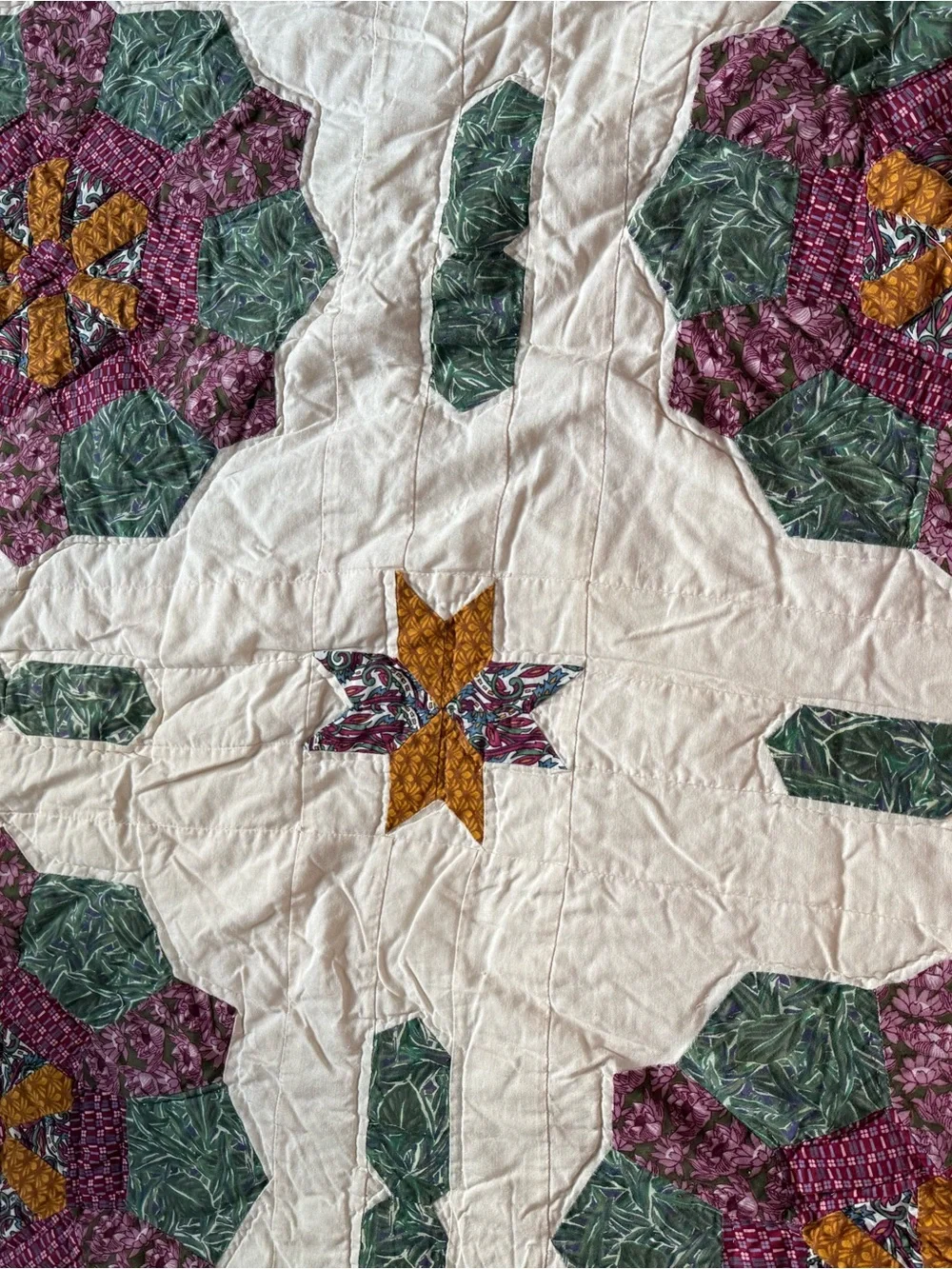 Vtg 90s Reproduction Quilt Patchwork Floral Medallion Queen Cotton Purple Green